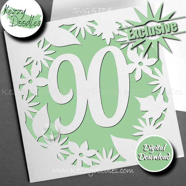 Flower Circle 90th Birthday Papercutting Template by Kezzy Doodles - Handcut Papercut, PDF, SVG Cricut File - Personal Use Only