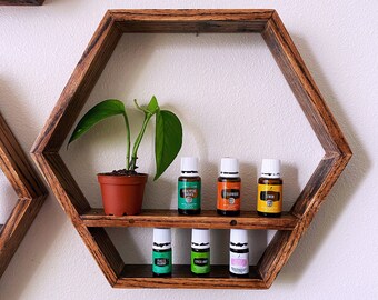 Reclaimed Wood Hexagon Shelf: Boho Essential Oil Display