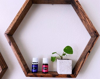 Reclaimed Wood Hexagon Shelf: Boho Essential Oil Display
