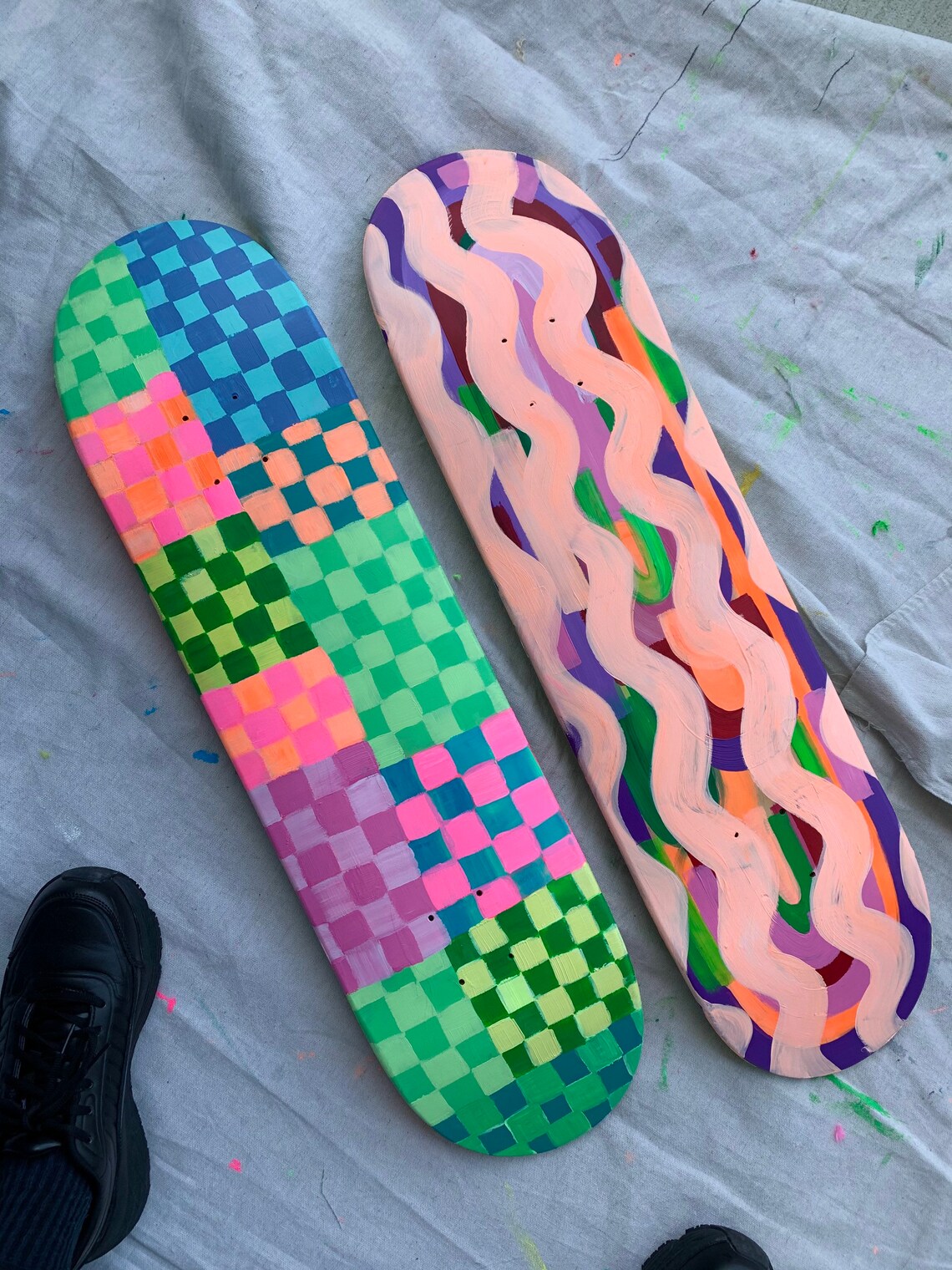 Painted Checkered Skateboard Deck Etsy