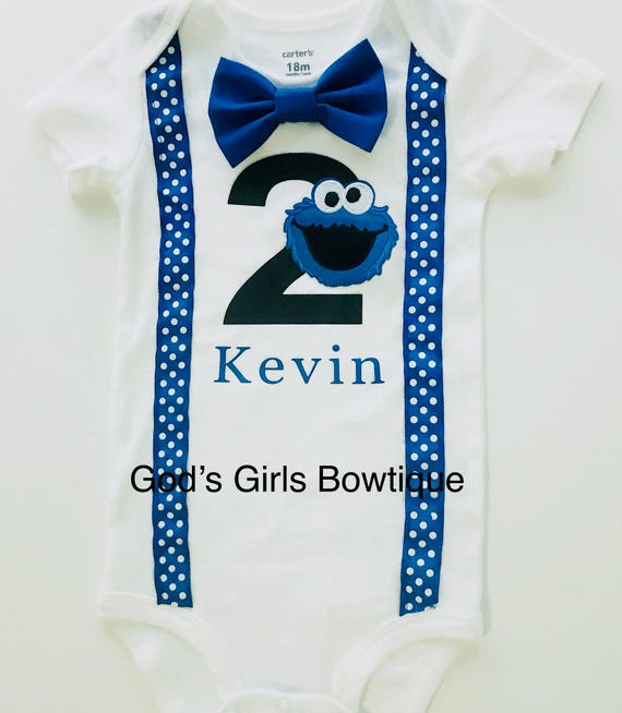 Handmade Boys Sesame Street Cookie Moster Elmo Blue First Birthday Bodysuit