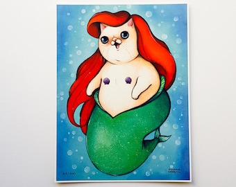The little mermaid cat - limited edition signed and numbered art print - mermaid kitty with Ariel wig