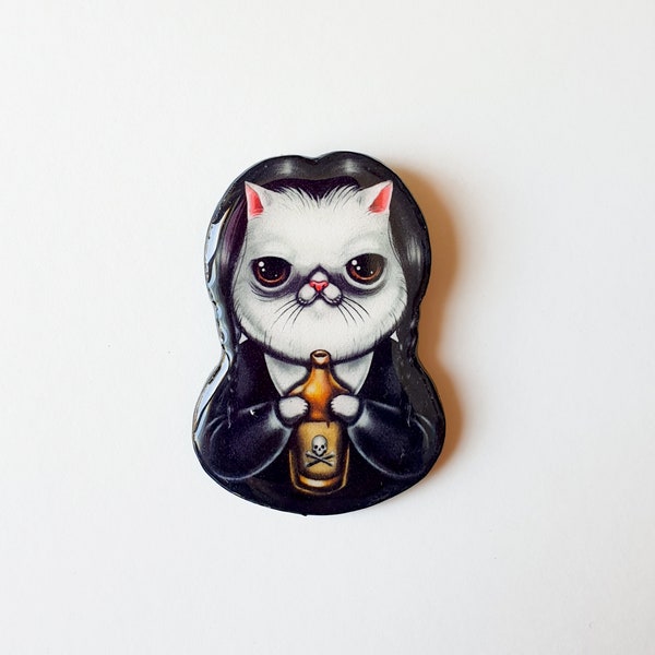 Wednesday Addams cat pin - Wednesday kitty holding a poison bottle - handmade brooch with resin coat - shiny, glossy pin with goth vibe