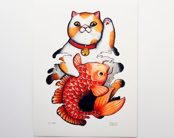 Maneki neko art print, Japan inspired art, fortune cat holding a koi carp, traditional japanese tattoo design art