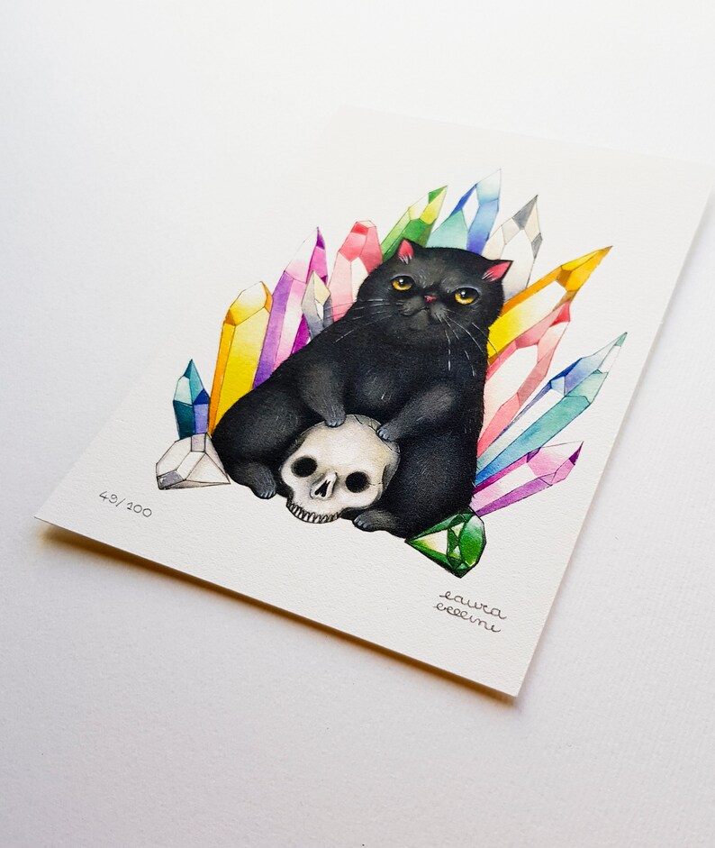 digital art print on cotton paper Black cat with skull and crystals limited edition print