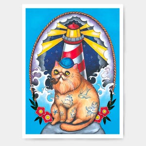Chat marin barbu avec phare, art inspiré des tatouages marins jerry, tatouage phare traditionnel avec chat marin, art mural imprimé chat