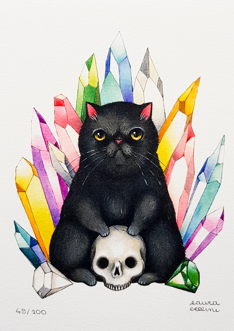 digital art print on cotton paper Black cat with skull and crystals limited edition print