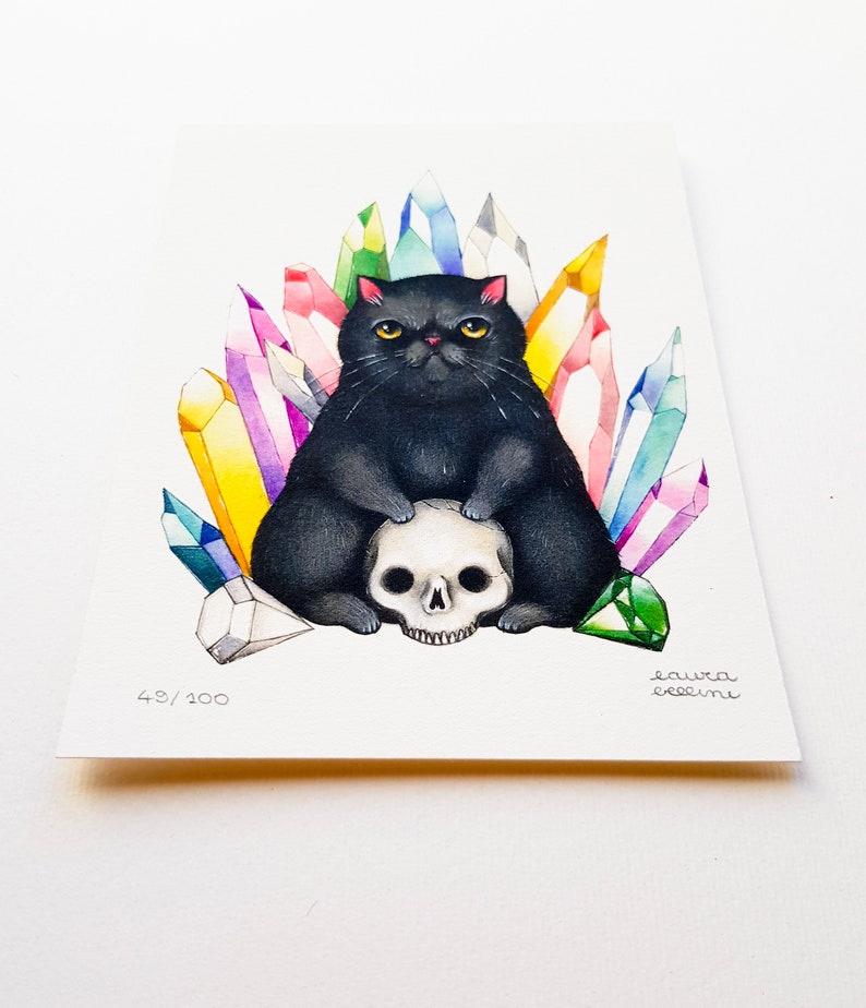 digital art print on cotton paper Black cat with skull and crystals limited edition print