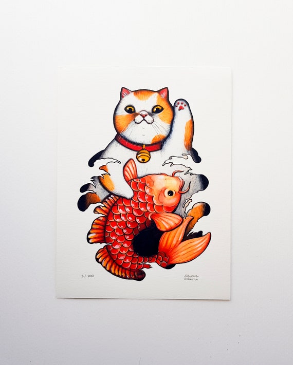 Maneki Neko Art Print, Japan Inspired Art, Fortune Cat Holding a Koi Carp,  Traditional Japanese Tattoo Design Art 