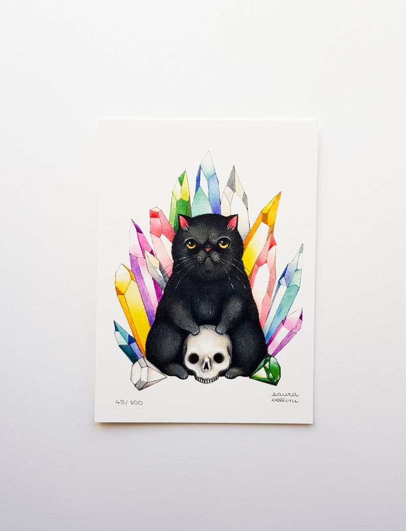 digital art print on cotton paper Black cat with skull and crystals limited edition print