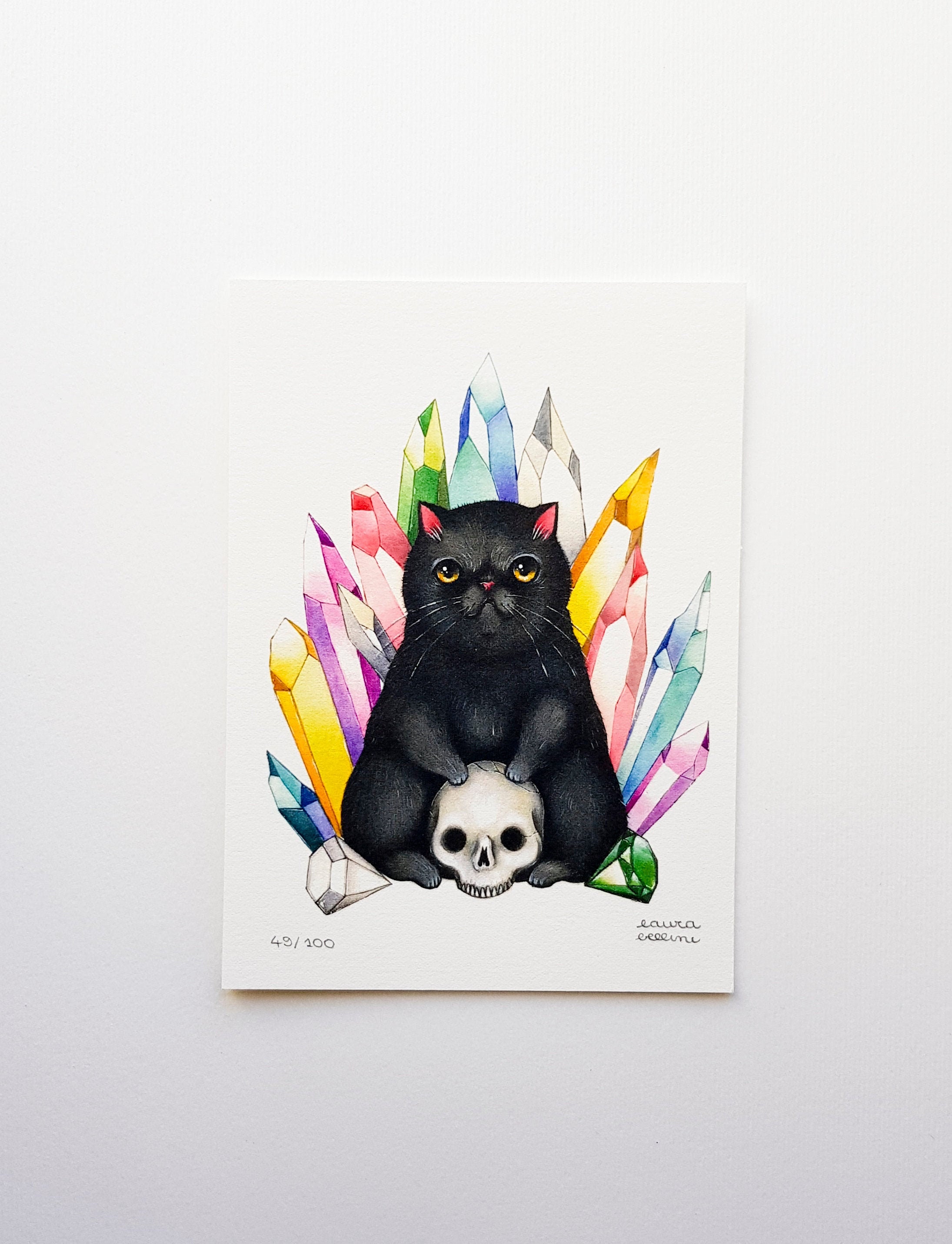 digital art print on cotton paper Black cat with skull and crystals limited edition print