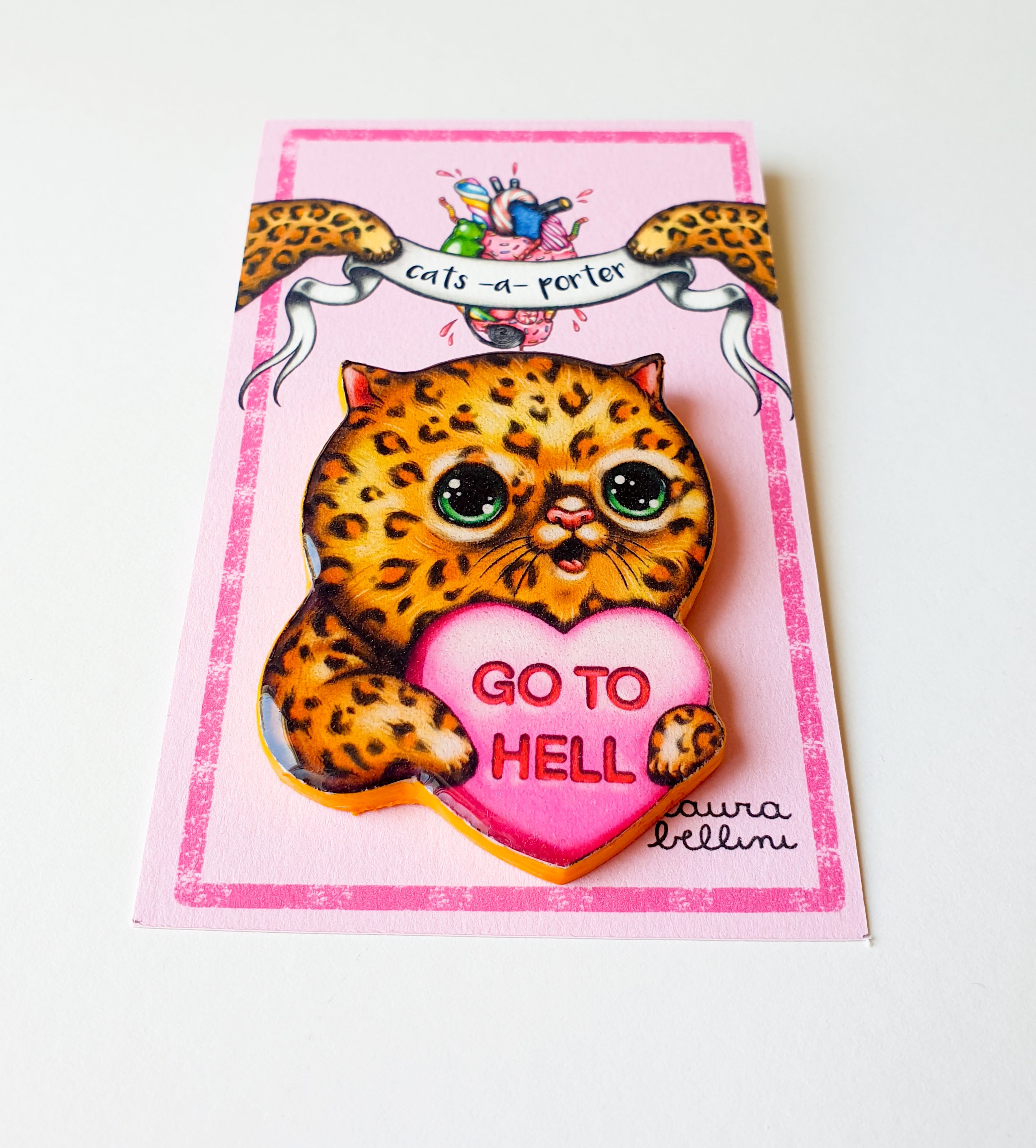 Cat holding a I hate you conversation heart handmade wooden pin for haters