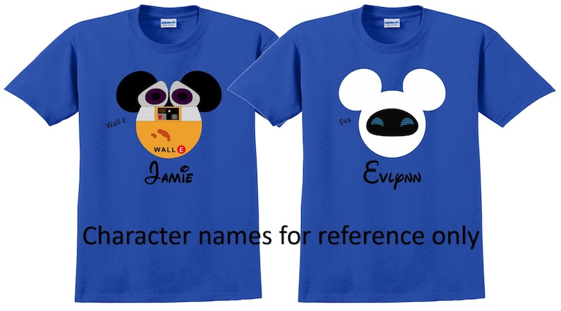 May include: Two blue t-shirts with a cartoon character design. The left shirt features a yellow robot with black ears and the text "WALL-E" and "JAMIE". The right shirt features a white robot with black ears and the text "EVA" and "EVYANN".