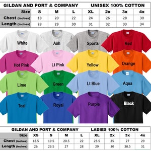 May include: A chart showing the size and measurements for Gildan and Port & Company unisex and ladies t-shirts. The chart shows the chest and length measurements in inches for sizes XS, S, M, L, XL, 2X, 3X, and 4X. The chart also shows the colour options for each size, including white, ash, sports, red, hot pink, light pink, yellow, orange, lime, green, light blue, aqua, teal, royal, purple, and black.