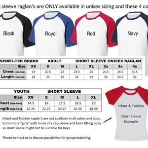 May include: Size chart for short sleeve raglan t-shirts in adult and youth sizes. The chart shows chest and length measurements in inches for different sizes, including XS, S, M, L, XL, 2X, 3X, and 4X. The chart also includes information about the availability of colours and sizes for infant and toddler raglan t-shirts.