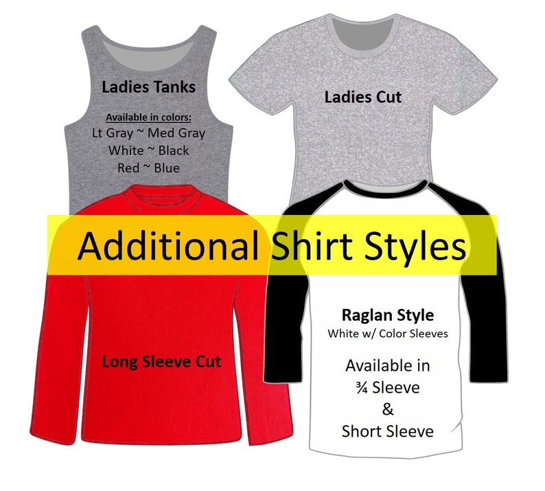 Pu&ograve; includere: Illustrazione di diversi stili di camicie, tra cui canottiere, taglio da donna, maniche lunghe e stile raglan. Il testo recita "Ladies Tanks", "Ladies Cut", "Additional Shirt Styles", "Long Sleeve Cut", "Raglan Style", "White w/ Color Sleeves", "Available in", "3/4 Sleeve", "&", "Short Sleeve".