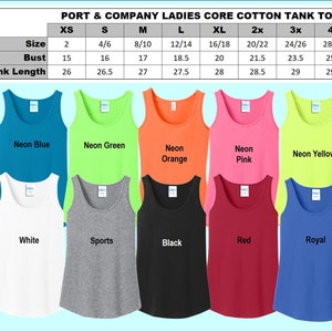 May include: A size chart for women's tank tops in various colours, including neon blue, neon green, neon orange, neon pink, neon yellow, white, sports grey, black, red, and royal blue. The chart shows the size, bust measurement in inches, and tank length in inches.