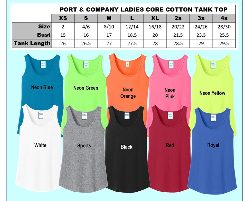 May include: A size chart for women's tank tops in various colours, including neon blue, neon green, neon orange, neon pink, neon yellow, white, sports grey, black, red, and royal blue. The chart shows the size, bust measurement in inches, and tank length in inches.