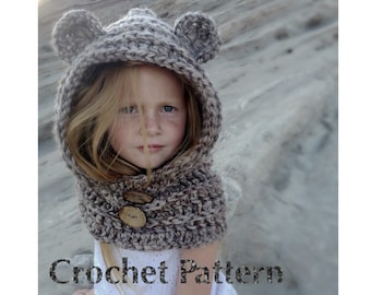 Hooded Cowl (crochet) PDF PATTERN ONLY - With or w/out Ears - size Toddler, Child, Adult