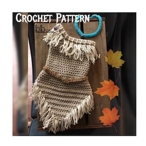 May include: Crochet pattern for a brown and white fringed costume with the text "CROCHET PATTERN" at the top of the image.