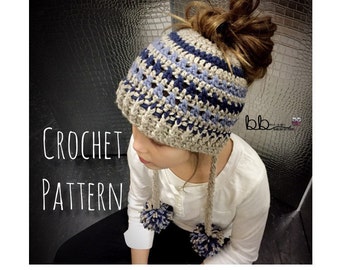 Messy Bun Beanie with Tassels - PATTERN ONLY- Crochet - Size Toddler, Child, Adult