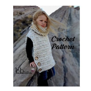 May include: A crochet pattern for a beige cowl neck sweater vest with buttons down the side. The pattern is called "Crochet Pattern".