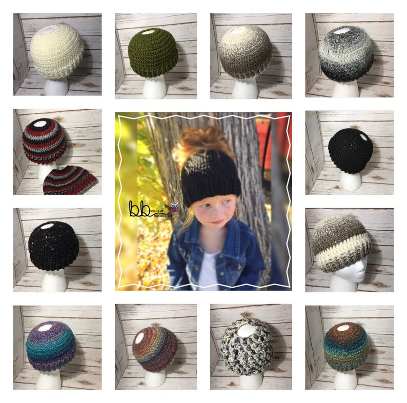 May include: A collection of 12 crocheted hats in various colors and patterns, including black, white, green, brown, blue, and grey. Some hats have a messy bun space in the back.
