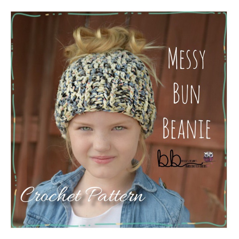 May include: A crochet pattern for a messy bun beanie. The beanie is made with a variety of colors, including blue, white, and black. The pattern is called "Messy Bun Beanie" and is available from "Biker's Beanies Handmade Crochet".