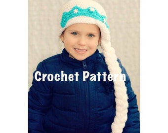 Snow Princess Beanie with braided hair - PDF PATTERN ONLY - Crochet - Sizes 6 month - Adult