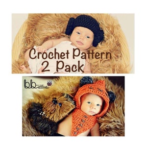 May include: Two crochet baby hat patterns, one with a black Princess Leia inspired hat and the other with an orange and brown fox inspired hat. The text "Crochet Pattern 2 Pack" is displayed on the image.