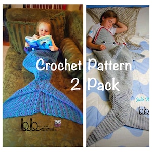 Mermaid with Ruffles and Shark Tail Blanket - 2 PACK PATTERN ONLY - Crochet - Child and Adult Size