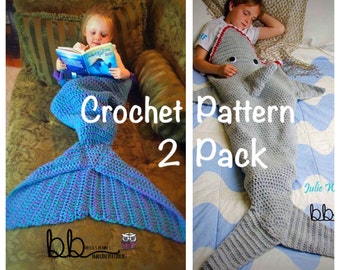 Mermaid with Ruffles and Shark Tail Blanket - 2 PACK PATTERN ONLY - Crochet - Child and Adult Size