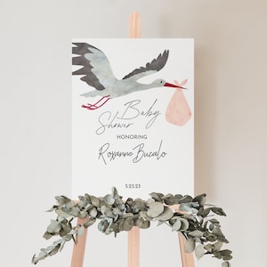 Señal de bienvenida del baby shower de cigüeña rosa, bienvenida del baby shower, signo del baby shower, póster de bienvenida, letrero de la cartulina