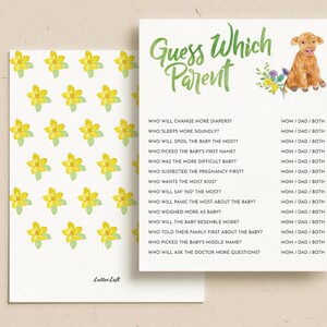 Highland Cow Juego de ducha impreso, Adivina qué padre, Holy Cow Baby Shower Game, Boho Cow Baby Shower, Juego para invitados / paquete de 10 cartas