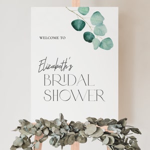 Signo de bienvenida de la despedida de soltera personalizada de eucalipto / decoración de la ducha de novia / Signo de bienvenida de la ducha personalizada / Cartel de impresión de cartón espuma