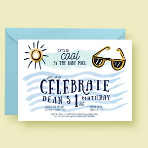 Baby Pool Themed Party Invite - One Year Old Birthday Party Invitation - Summer Invite - Sunglasses, Sun, Swimming - Printable or Printed