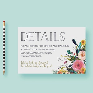 Hand bemalt Rose Blumen Rezeption Karte, Tag der Details Karte, Details Karte, Typografie, Rosa Blush grün, druckbare / gedruckt, kostenloser Versand