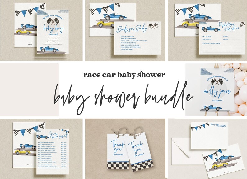 Race Car Baby Shower Bundle, Racing Baby Shower Invitation Bundle, Baby