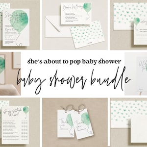She&#39;s About To Pop Baby Shower Bundle, Balloon Baby Shower Invitation Bundle, Baby Shower Games Bundle | Editable Template, Instant Download