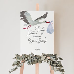 Blue Stork Baby Shower Señal de bienvenida, Baby Shower Bienvenido, Señal de Baby Shower, Póster de bienvenida, Cartel de Foam Board
