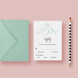 Simple Mountain Wedding antwoordkaart, Response Card, RSVP kaart met envelop, Cliff, Sage groen, typografie - afdrukbare