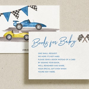 Livros de carros de corrida para bebês, cartão de solicitação de livro, livros para cartões de bebê, chá de bebê de carros de corrida | Download instantâneo, inserção para impressão, totalmente editável