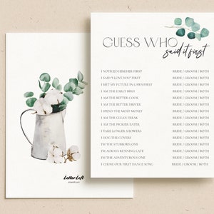 Eucalyptus bridal shower games | he said she said | who said it first | wedding shower game | pack of 10 cards
