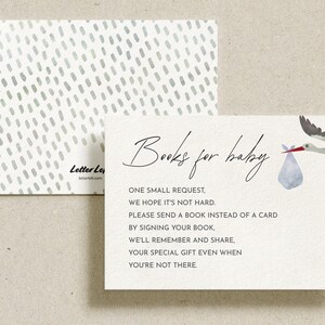 Libros de cigüeña azul para bebé, tarjeta de solicitud de libro, inserto impreso, tarjeta de libros para bebé, baby shower boho / paquete de 10