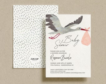 Pink Stork Baby Shower Invite, Stork Baby Shower, Shower Baby Girl | Instant Download, Invitation Template, Fully Editable Invitation