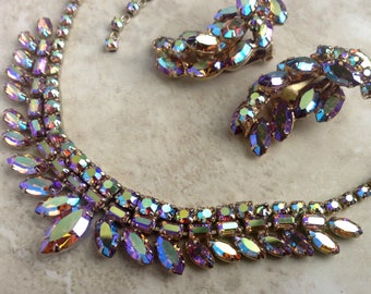 Vintage Large AB Rhinestone Choker Necklace Earclimber Clip On Earrings