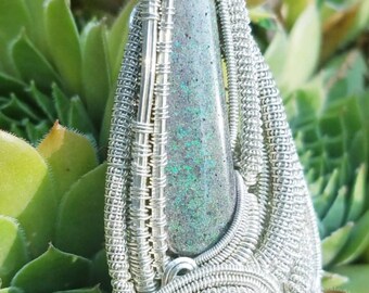 Wire Wrapped Pendant: Andamooka Opal and Turquoise with .925 Sterling Silver