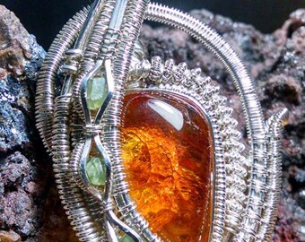 Wire Wrapped Pendant: Amber, Green Demantoid Garnet (x3), Sterling Silver. "C'est La Vie"