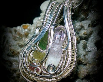 Wire Wrapped Pendant: Watermelon Tourmaline, Vera Cruz Amethyst, Golden Apatite, Pink Tourmaline. Wrapped in Sterling Silver. "Caledonia"