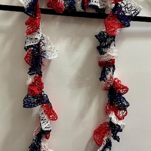 Handmade Patriotic Crochet Ruffle Scarf: Red, White & Blue